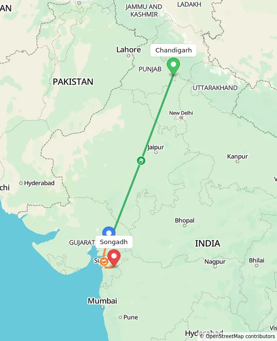 Route map showing distance and travel time from Chandigarh, India to Songadh, India