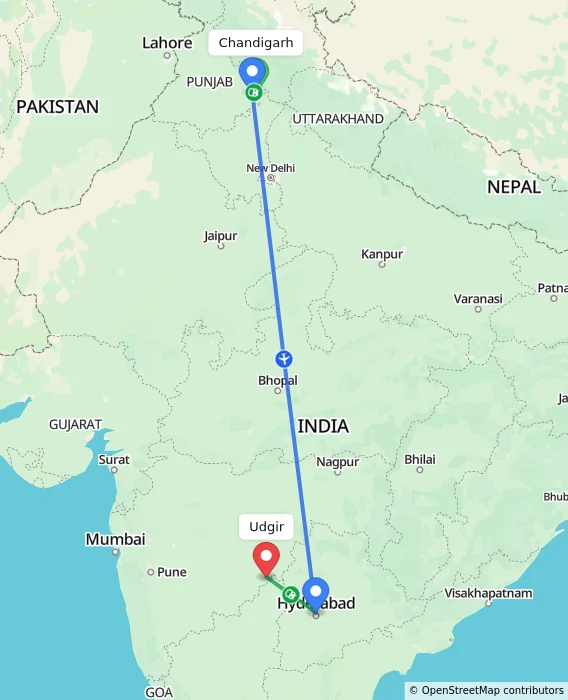 Route map showing distance and travel time from Chandigarh, India to Udgir, India