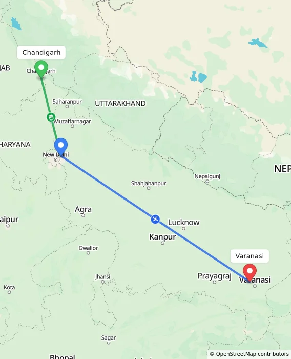 Route map showing distance and travel time from Chandigarh, India to Varanasi, India