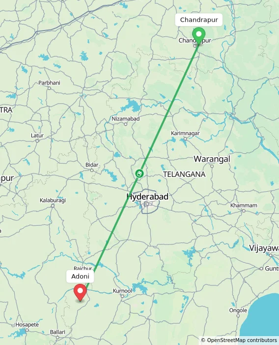 Route map showing distance and travel time from Chandrapur, India to Adoni, India