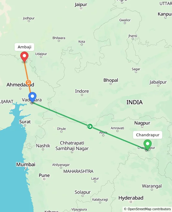 Route map showing distance and travel time from Chandrapur, India to Ambaji, India