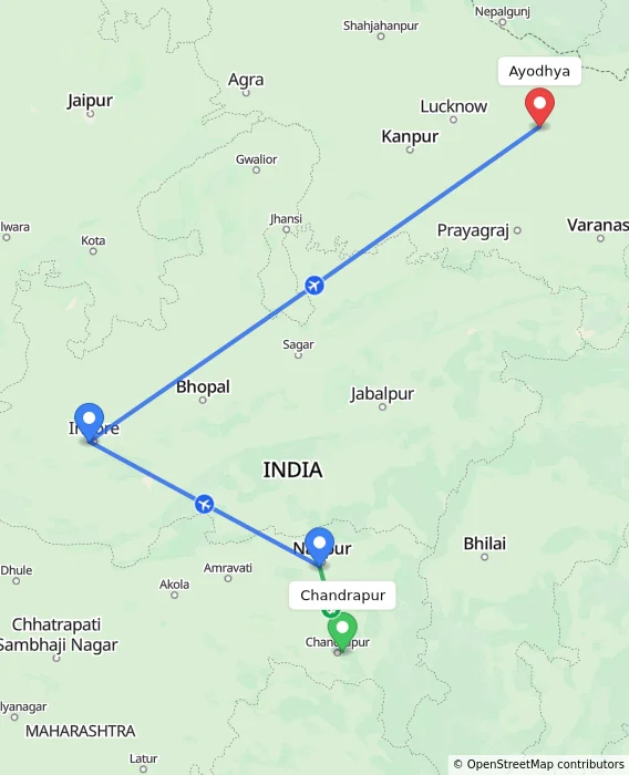 Route map showing distance and travel time from Chandrapur, India to Ayodhya, India