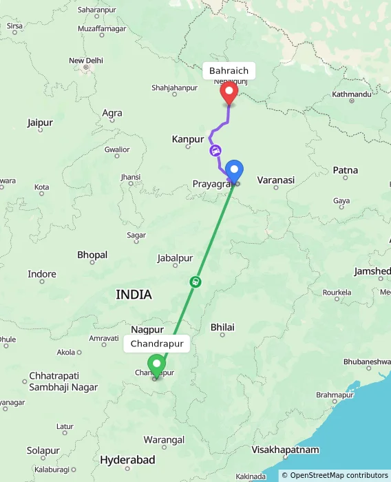 Route map showing distance and travel time from Chandrapur, India to Bahraich, India