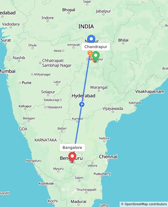 Route map showing distance and travel time from Chandrapur, India to Bangalore, India