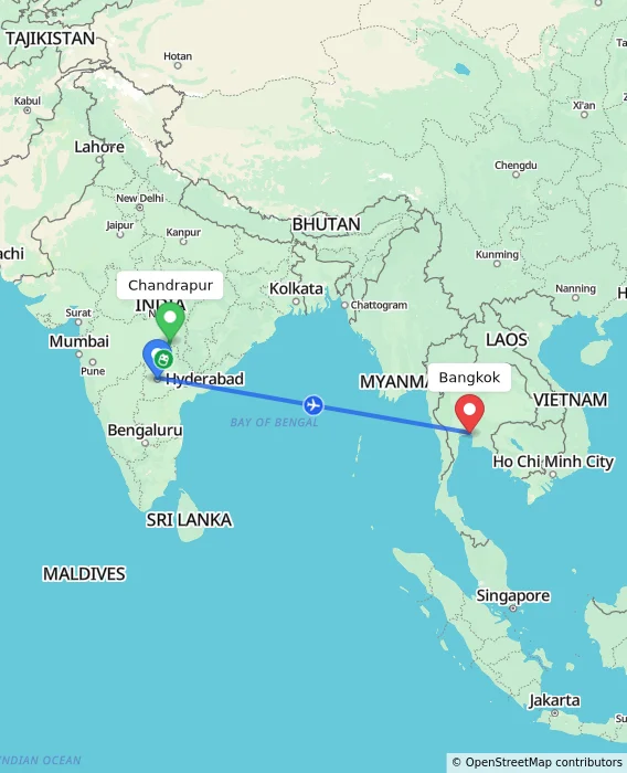 Route map showing distance and travel time from Chandrapur, India to Bangkok, Thailand