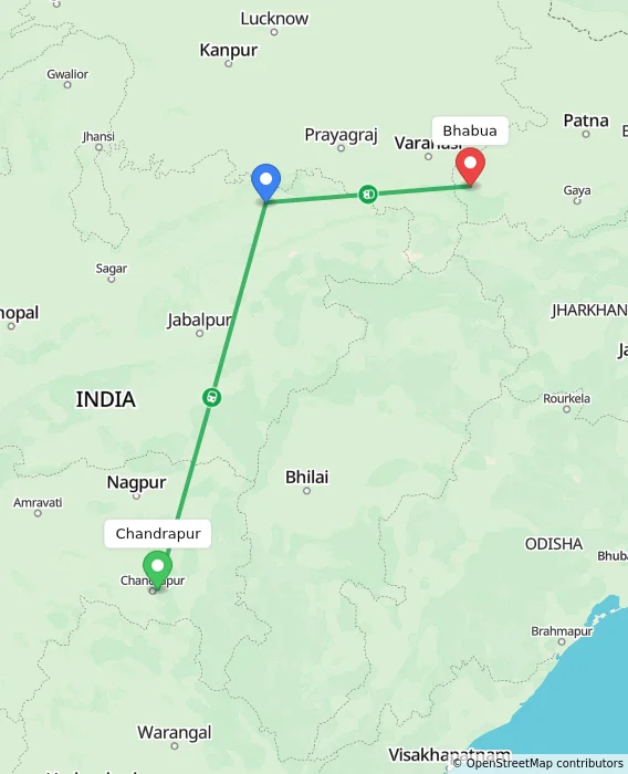 Route map showing distance and travel time from Chandrapur, India to Bhabua, India