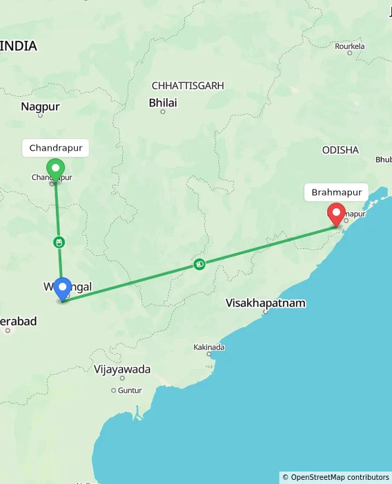 Route map showing distance and travel time from Chandrapur, India to Brahmapur, India