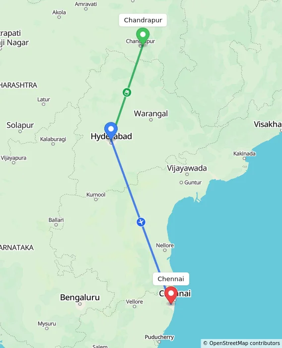Route map showing distance and travel time from Chandrapur, India to Chennai, India