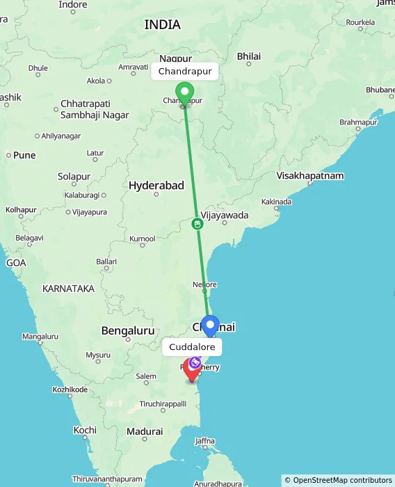 Route map showing distance and travel time from Chandrapur, India to Cuddalore, India