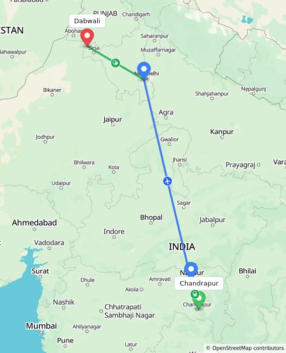 Route map showing distance and travel time from Chandrapur, India to Dabwali, India