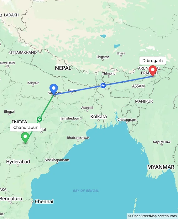 Route map showing distance and travel time from Chandrapur, India to Dibrugarh, India