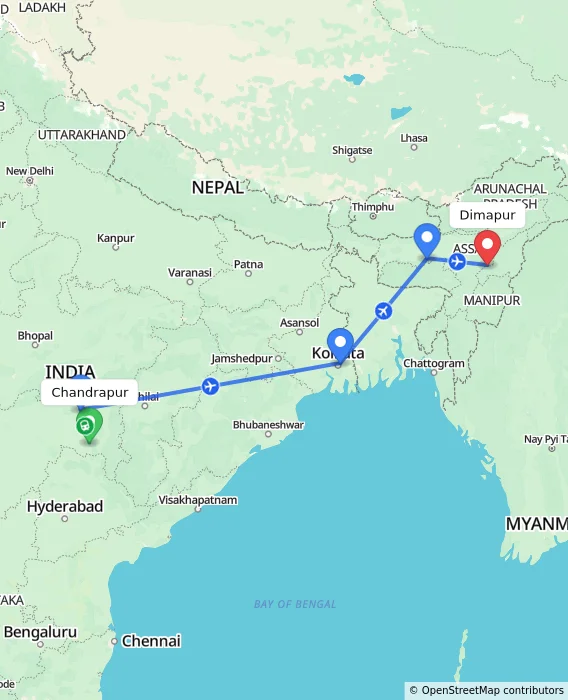 Route map showing distance and travel time from Chandrapur, India to Dimapur, India