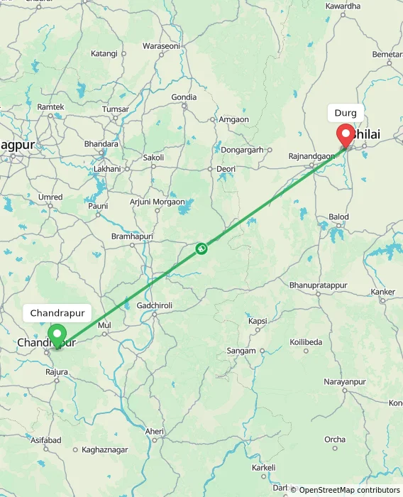 Route map showing distance and travel time from Chandrapur, India to Durg, India