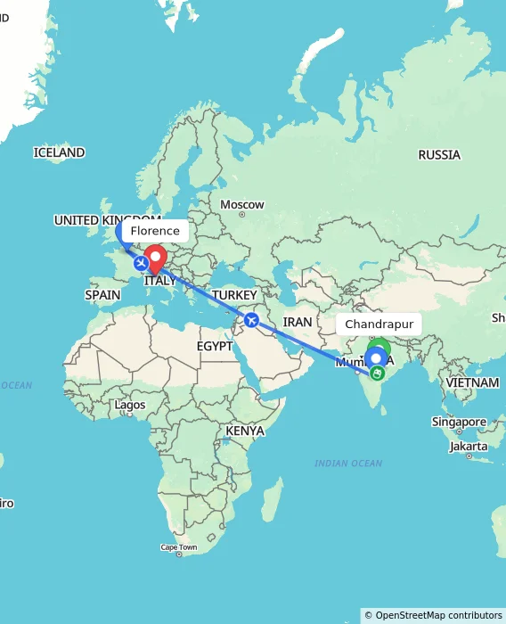 Route map showing distance and travel time from Chandrapur, India to Florence, Italy