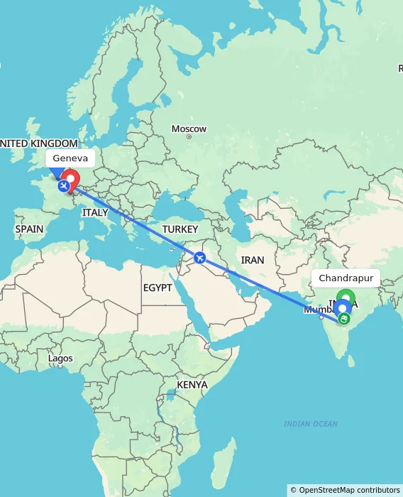 Route map showing distance and travel time from Chandrapur, India to Geneva, Switzerland
