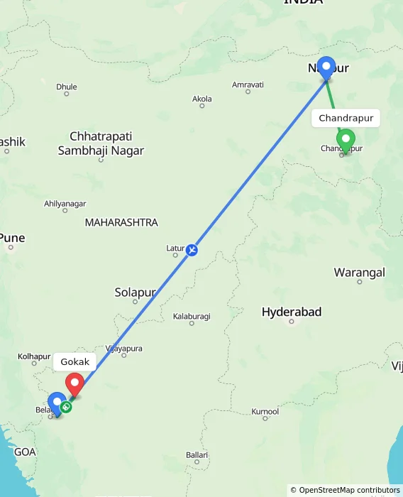Route map showing distance and travel time from Chandrapur, India to Gokak, India