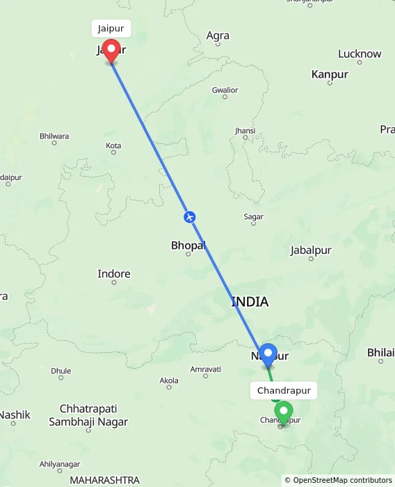 Route map showing distance and travel time from Chandrapur, India to Jaipur, India