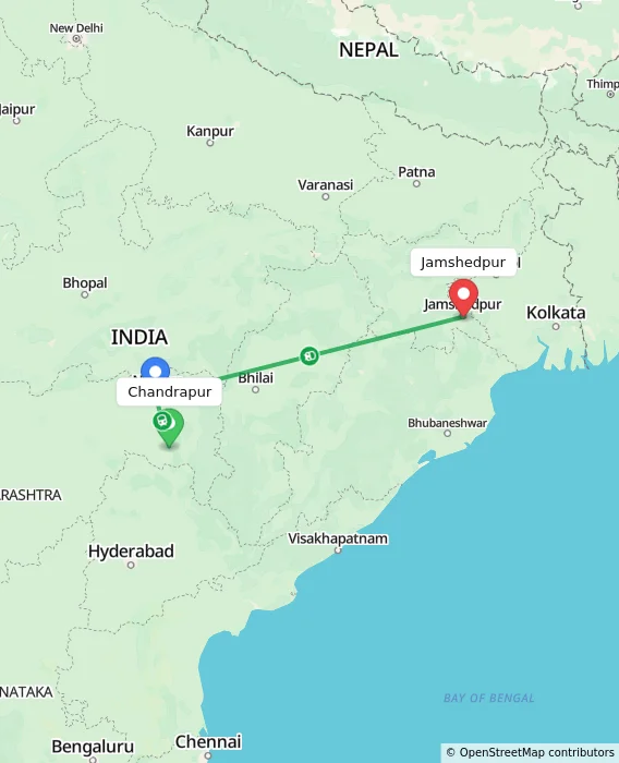 Route map showing distance and travel time from Chandrapur, India to Jamshedpur, India