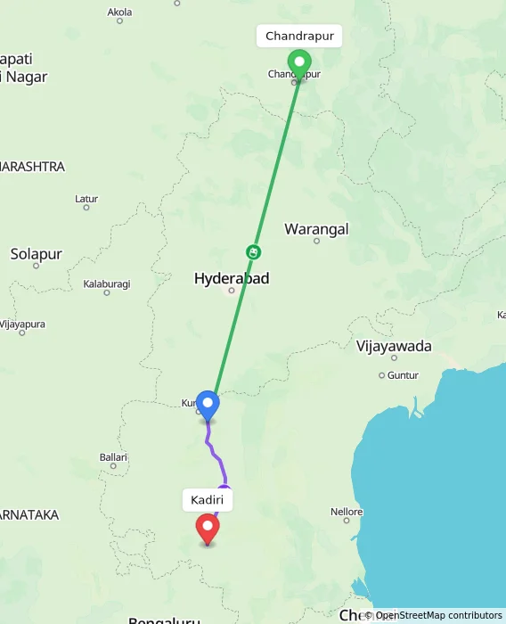 Route map showing distance and travel time from Chandrapur, India to Kadiri, India