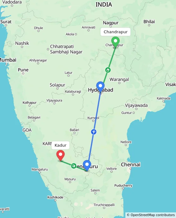 Route map showing distance and travel time from Chandrapur, India to Kadur, India