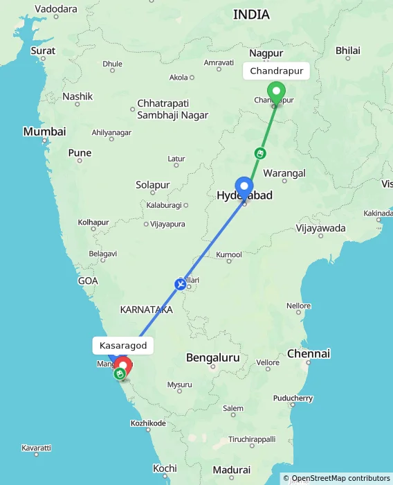 Route map showing distance and travel time from Chandrapur, India to Kasaragod, India