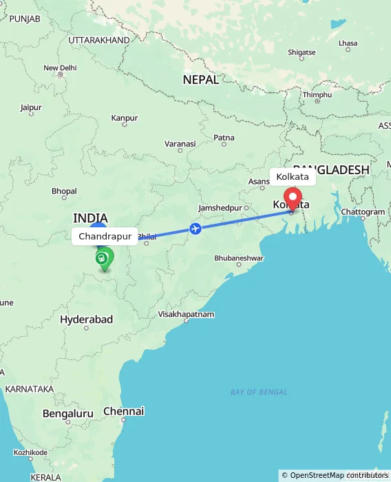 Route map showing distance and travel time from Chandrapur, India to Kolkata, India