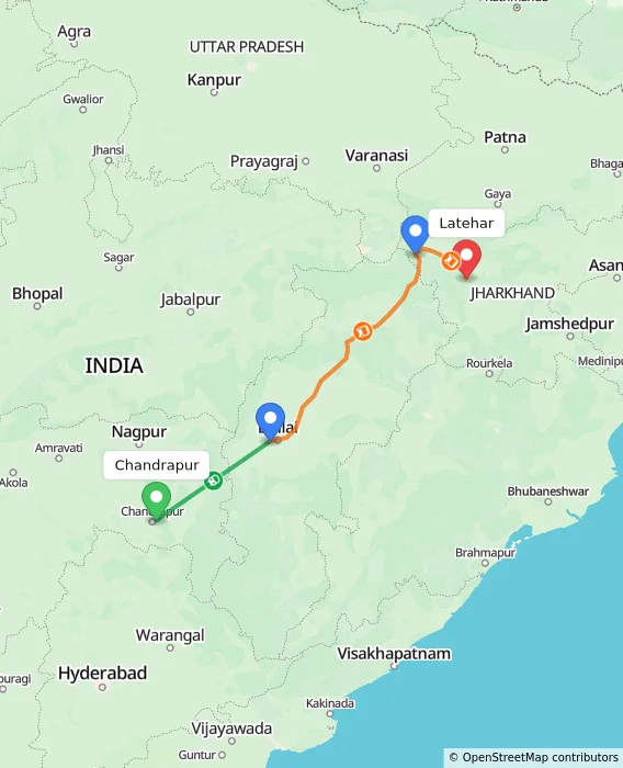 Route map showing distance and travel time from Chandrapur, India to Latehar, India