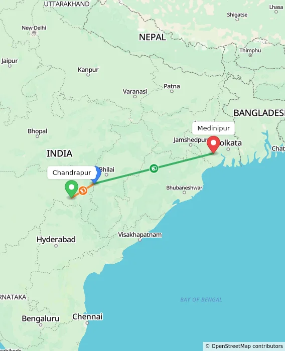 Route map showing distance and travel time from Chandrapur, India to Medinipur, India