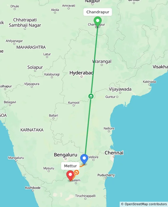 Route map showing distance and travel time from Chandrapur, India to Mettur, India