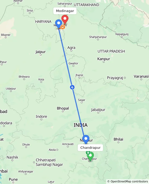 Route map showing distance and travel time from Chandrapur, India to Modinagar, India