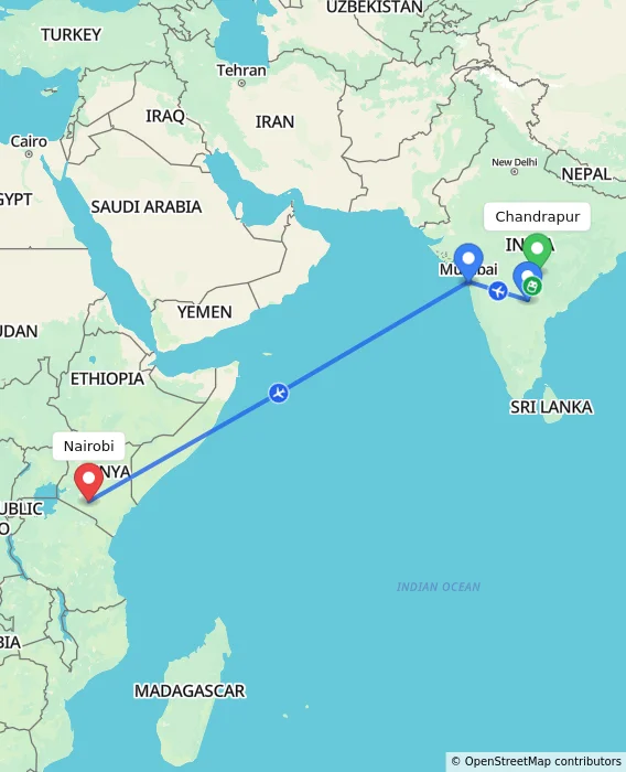 Route map showing distance and travel time from Chandrapur, India to Nairobi, Kenya