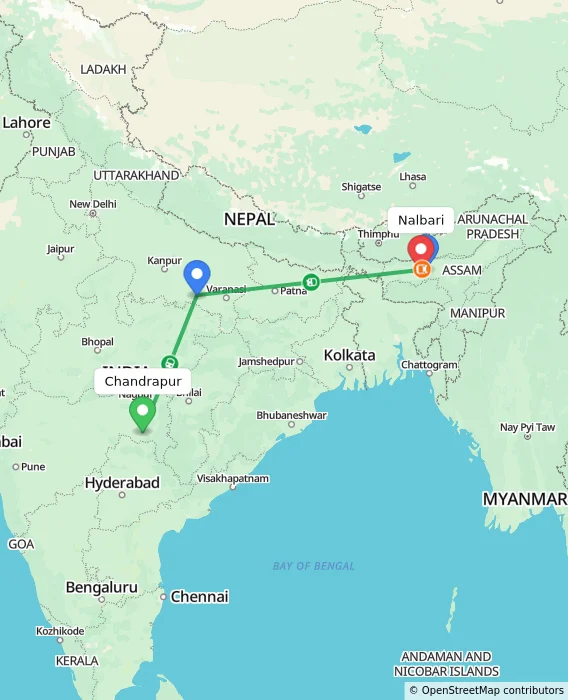 Route map showing distance and travel time from Chandrapur, India to Nalbari, India