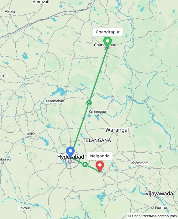 Route map showing distance and travel time from Chandrapur, India to Nalgonda, India