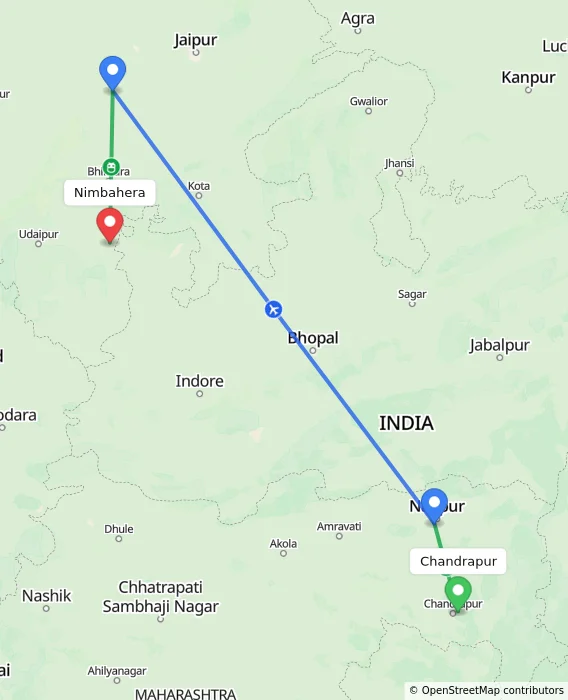 Route map showing distance and travel time from Chandrapur, India to Nimbahera, India