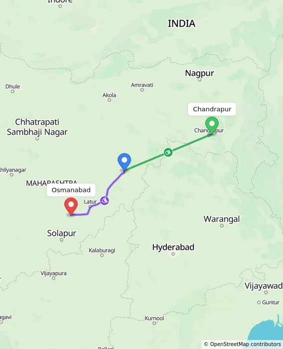 Route map showing distance and travel time from Chandrapur, India to Osmanabad, India