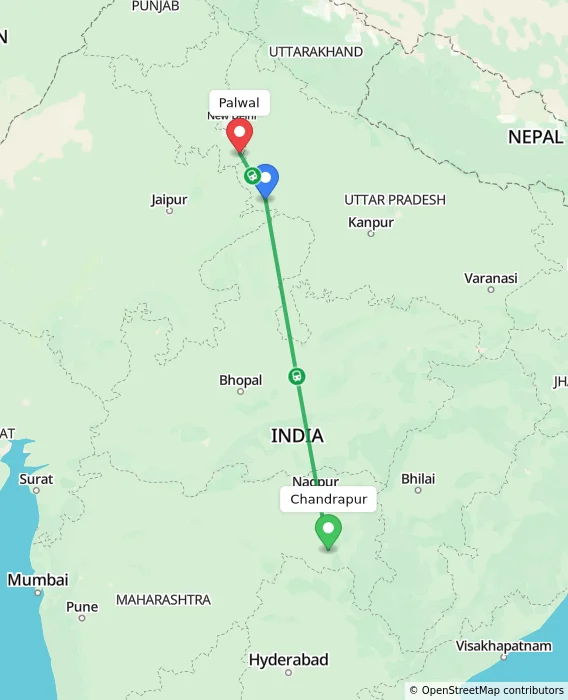 Route map showing distance and travel time from Chandrapur, India to Palwal, India