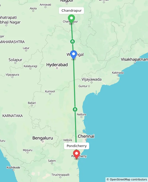 Route map showing distance and travel time from Chandrapur, India to Puducherry, India