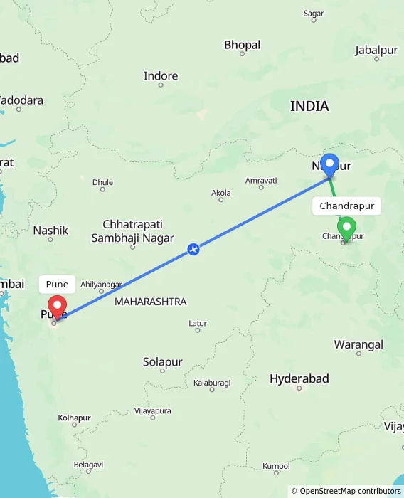 Route map showing distance and travel time from Chandrapur, India to Pune, India