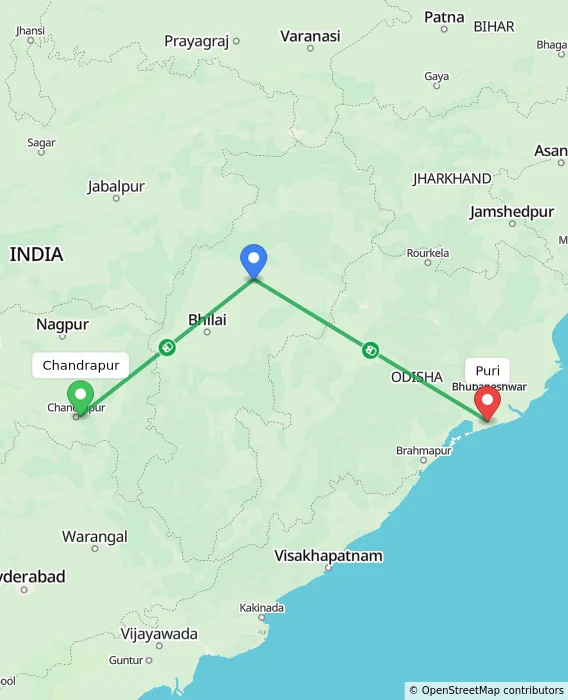 Route map showing distance and travel time from Chandrapur, India to Puri, India