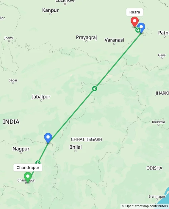 Route map showing distance and travel time from Chandrapur, India to Rasra, India