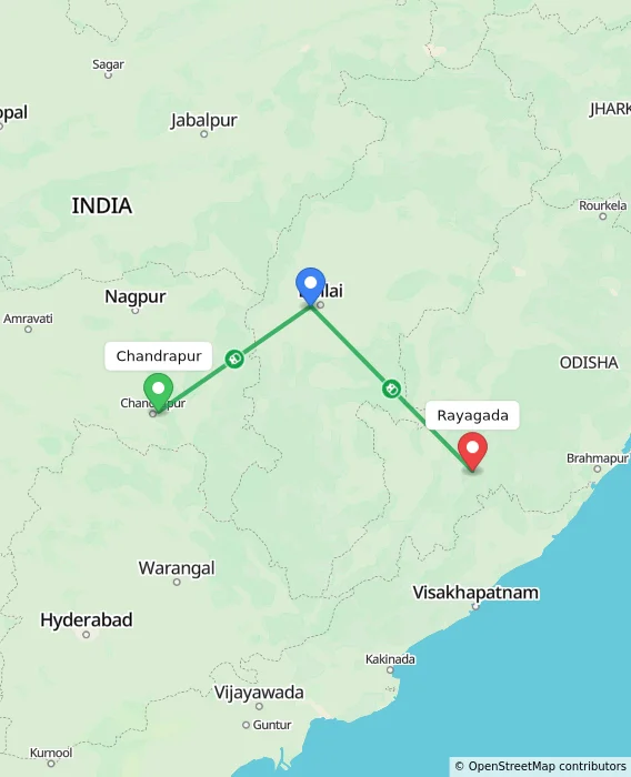 Route map showing distance and travel time from Chandrapur, India to Rayagada, India