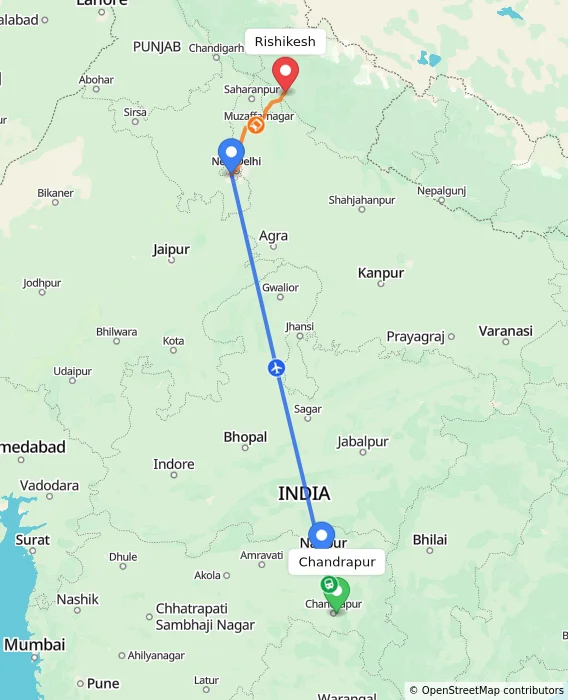 Route map showing distance and travel time from Chandrapur, India to Rishikesh, India