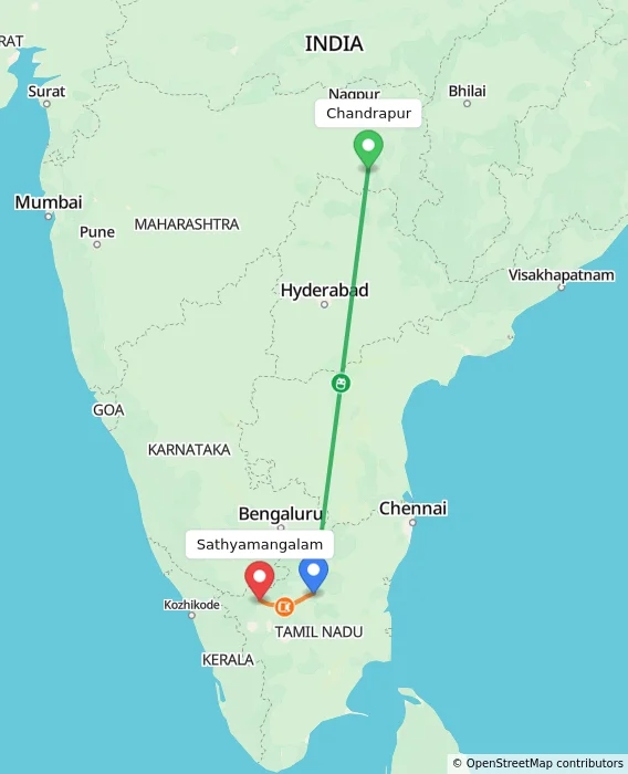 Route map showing distance and travel time from Chandrapur, India to Sathyamangalam, India