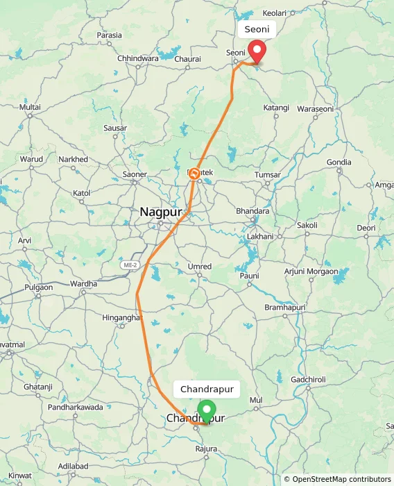 Route map showing distance and travel time from Chandrapur, India to Seoni, India