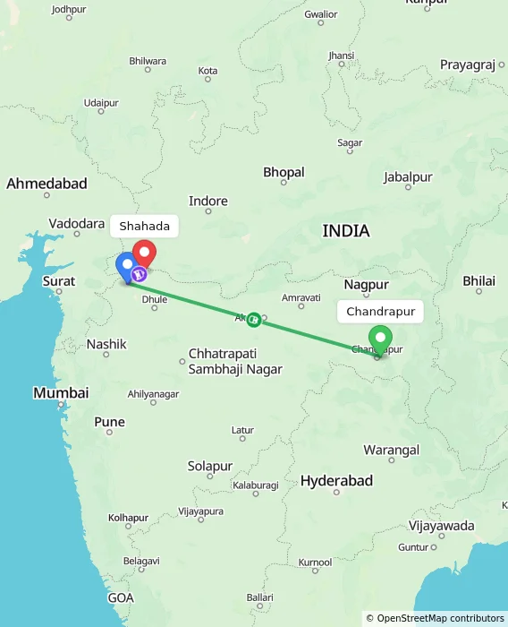 Route map showing distance and travel time from Chandrapur, India to Shahada, India