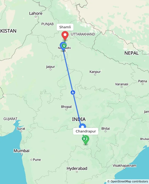 Route map showing distance and travel time from Chandrapur, India to Shamli, India