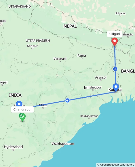 Route map showing distance and travel time from Chandrapur, India to Siliguri, India