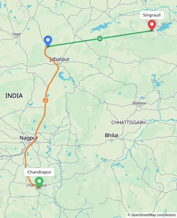 Route map showing distance and travel time from Chandrapur, India to Singrauli, India