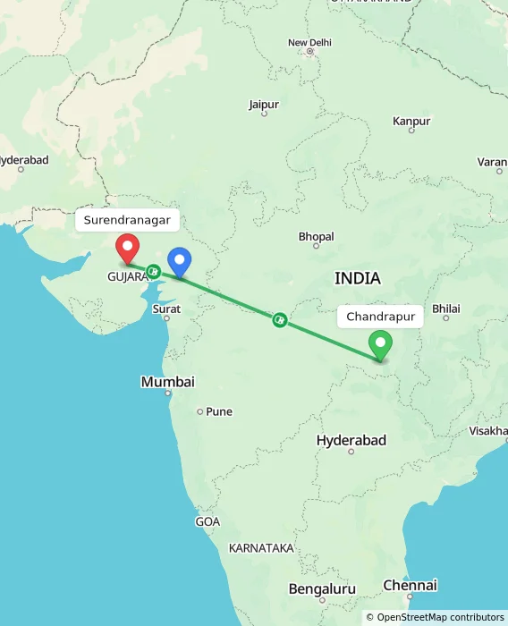 Route map showing distance and travel time from Chandrapur, India to Surendranagar, India