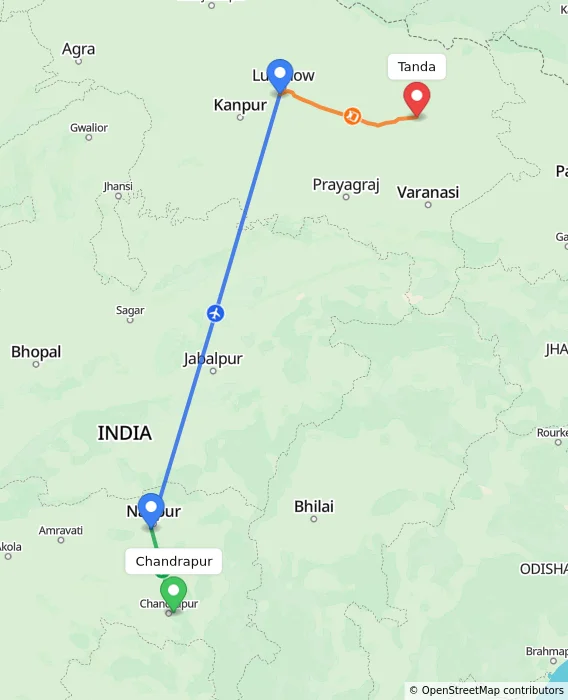 Route map showing distance and travel time from Chandrapur, India to Tanda, India